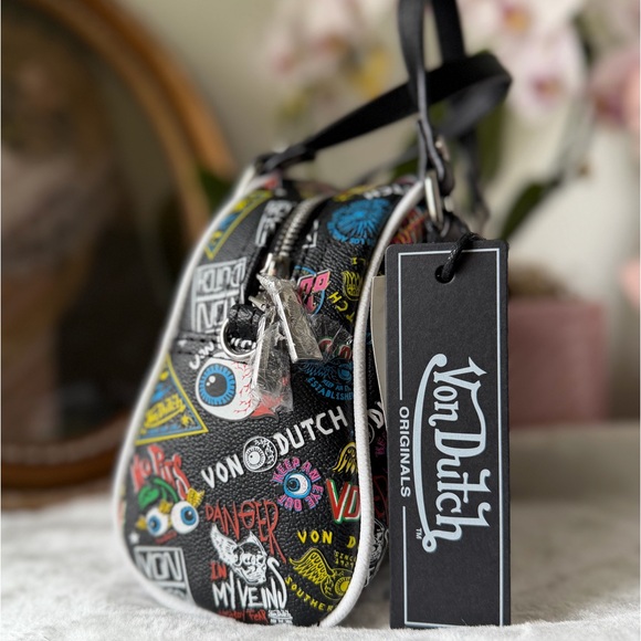 Von Dutch Jax Bowler Bag Black Graffiti Logo Print Y2K Satchel Tote NWT - Picture 4 of 11